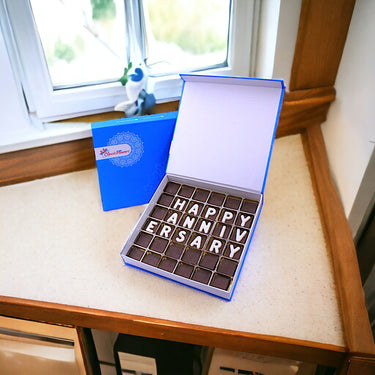 Happy Anniversary Customized Chocolate Box, 500g Plain Milk Chocolate, White Chocolate Letters